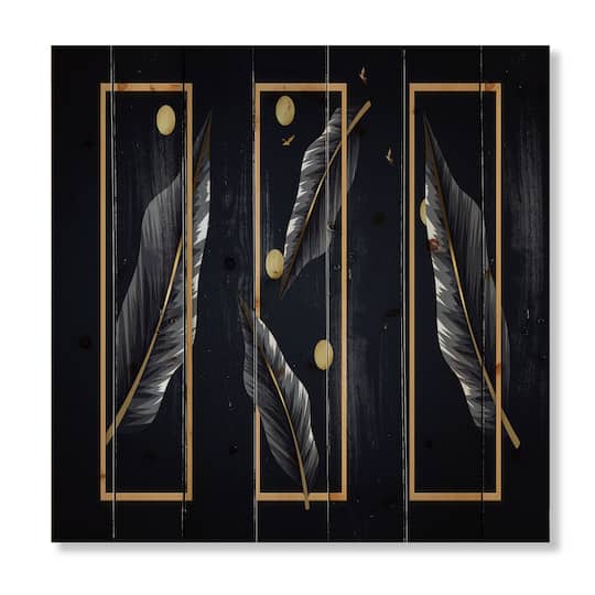 Designart - Black Tropical Leaves With Golden Rectangles